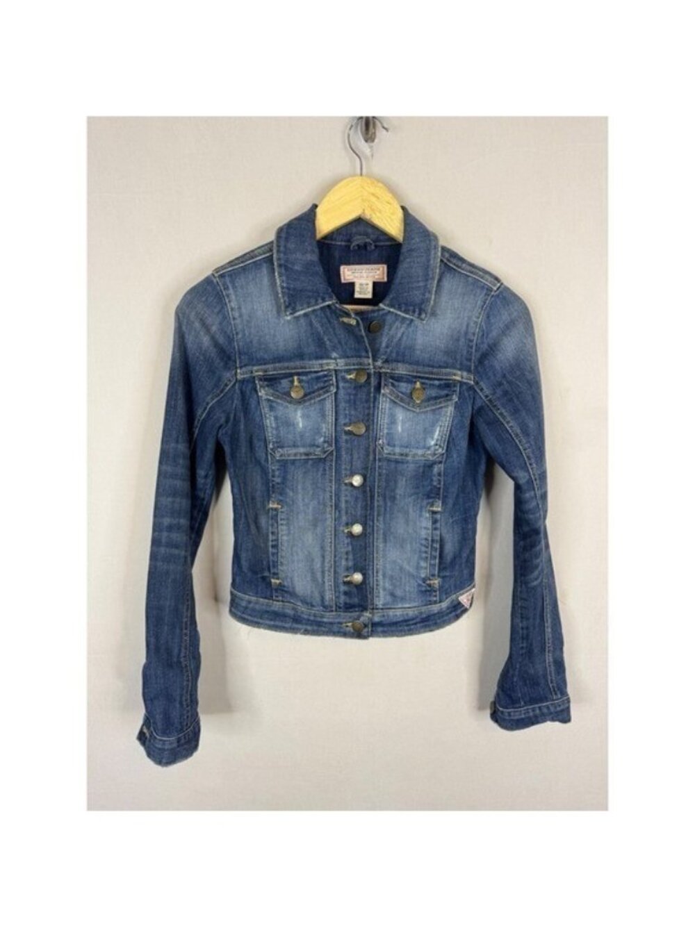 Vintage 90s Guess Jeans American Tradition Distressed Denim Trucker Jacket XS